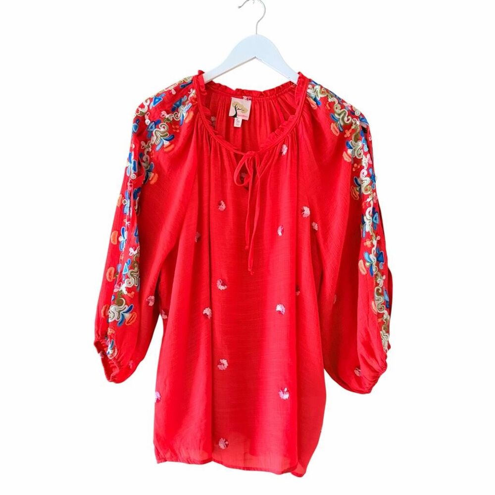 Fig & Flower Anthropologie Red Embroidered Slit Sleeve Top Plus SZ 3X #2625